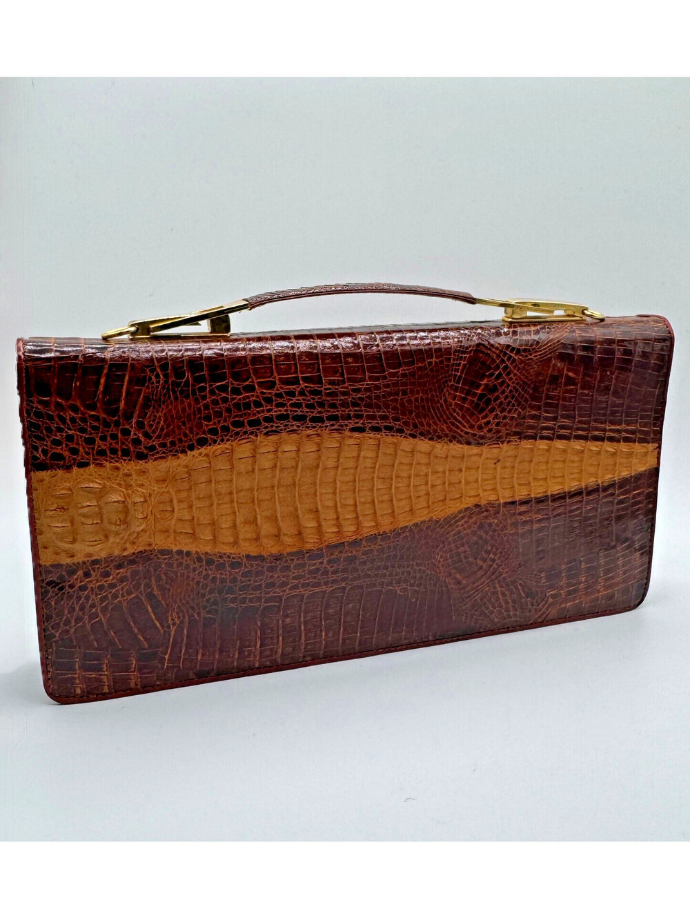 Vintage Genuine Crocodile Two-Tone Clutch Handbag Exotic Leather Brown w/Strap